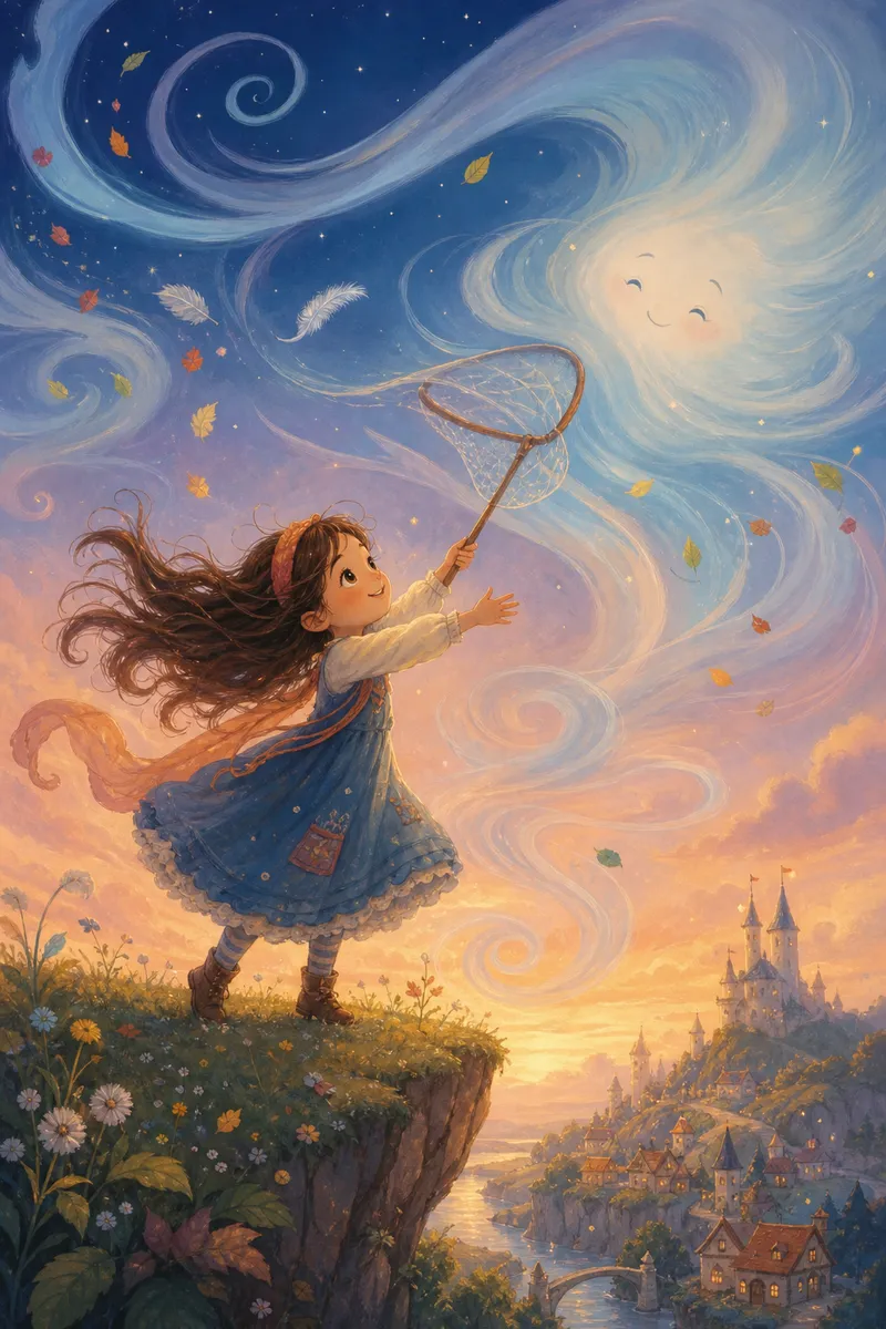 Illustration zur Geschichte „Das Mädchen, das den Wind fangen wollte"