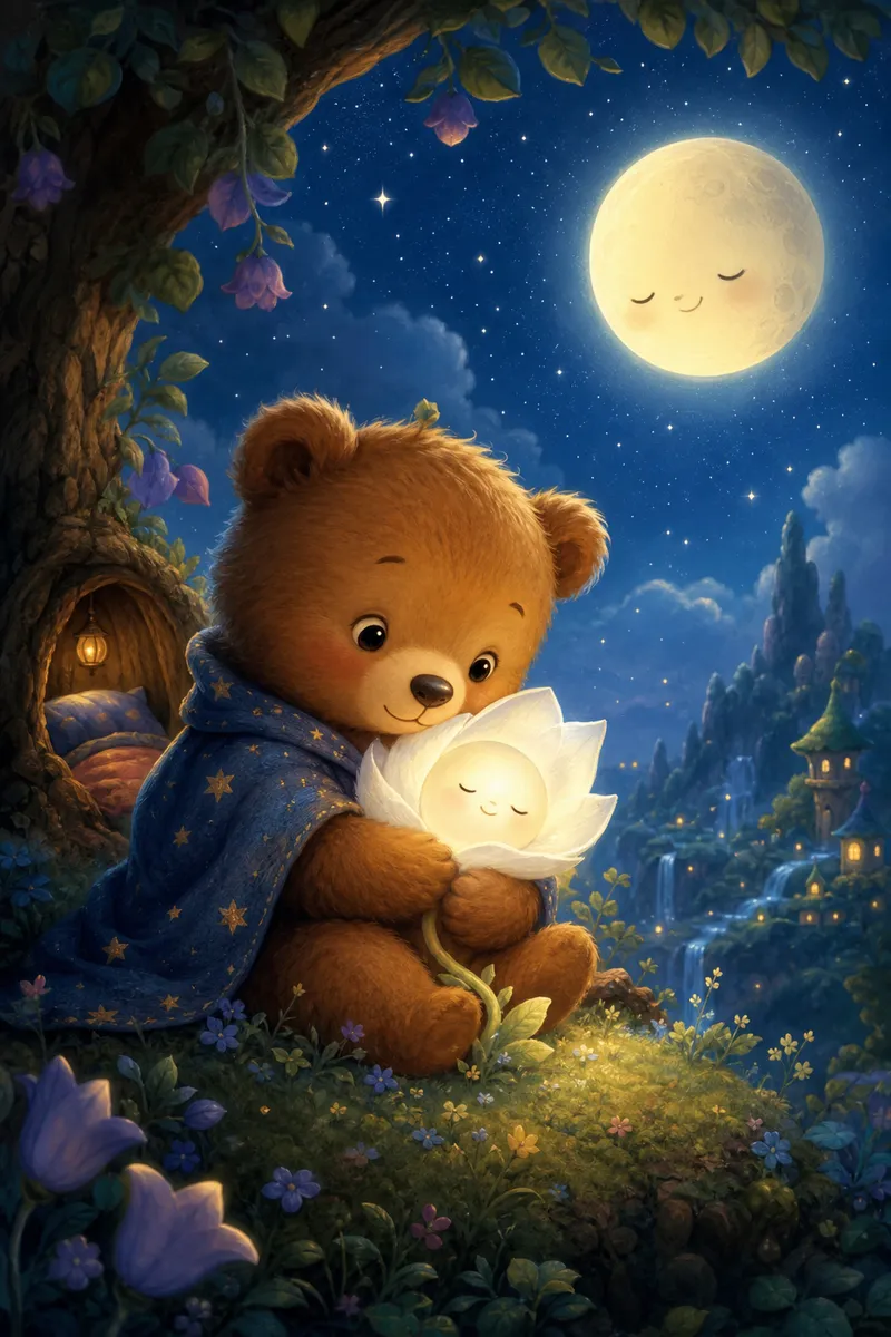 Illustration zur Geschichte „Der kleine Bär und die Mondblüte"