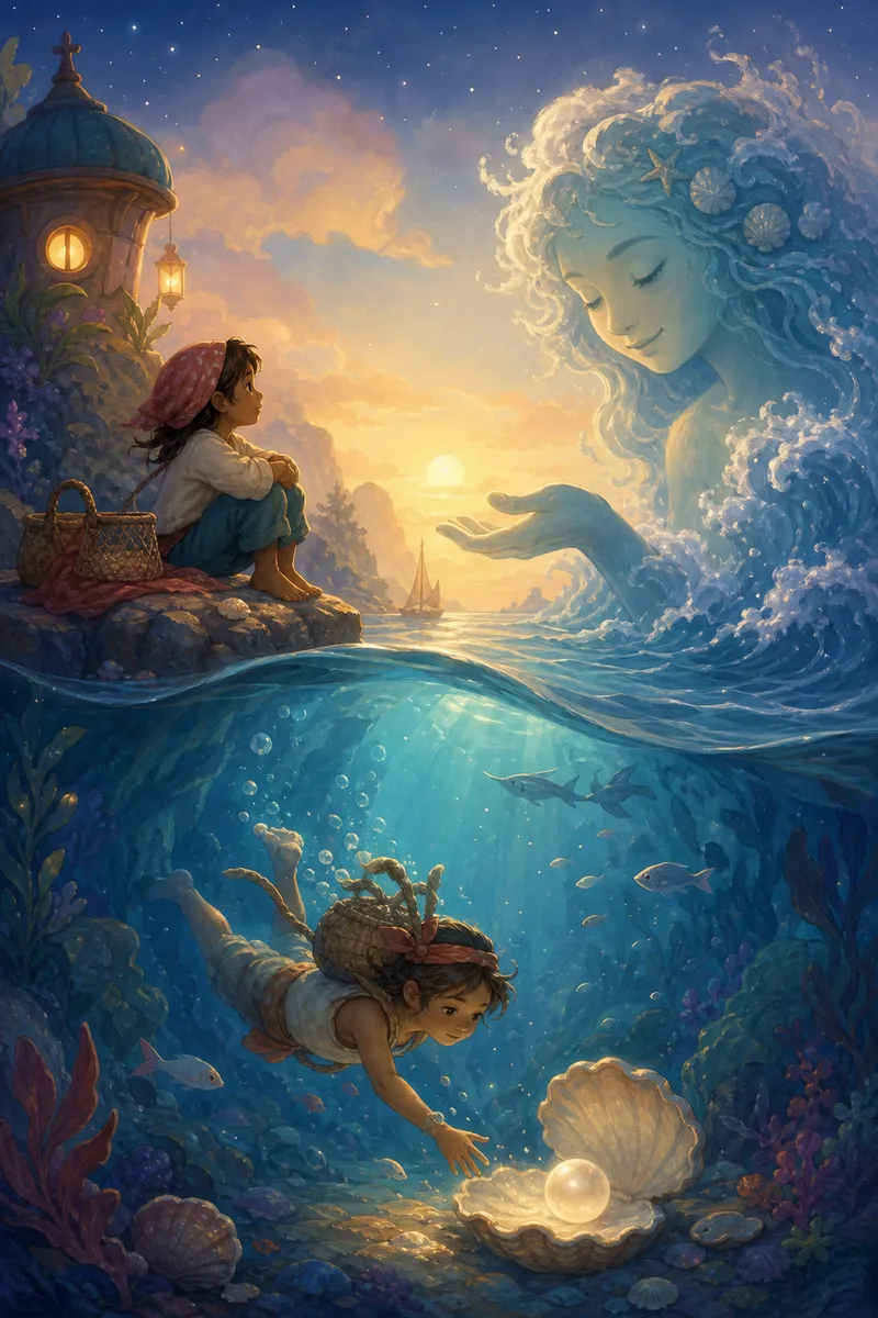 Illustration zur Geschichte „Die Perlentaucherin und die Flut"
